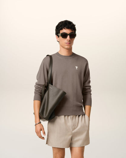 BEIGE WOOL AMI CREW NECK SWEATER