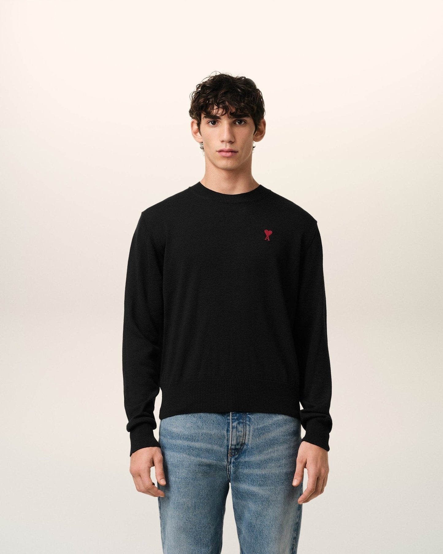 BLACK WOOL AMI CREW NECK SWEATER