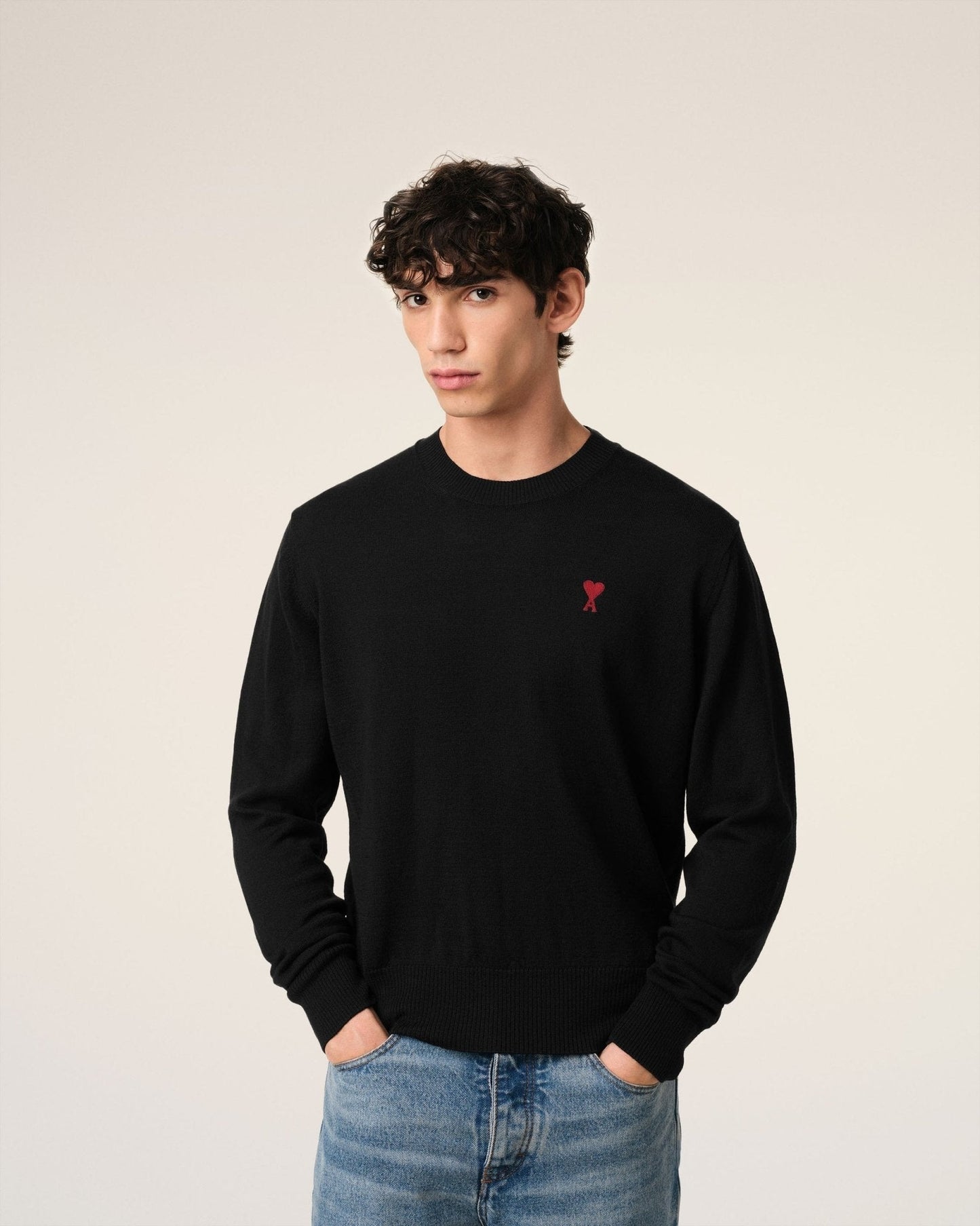 BLACK WOOL AMI CREW NECK SWEATER