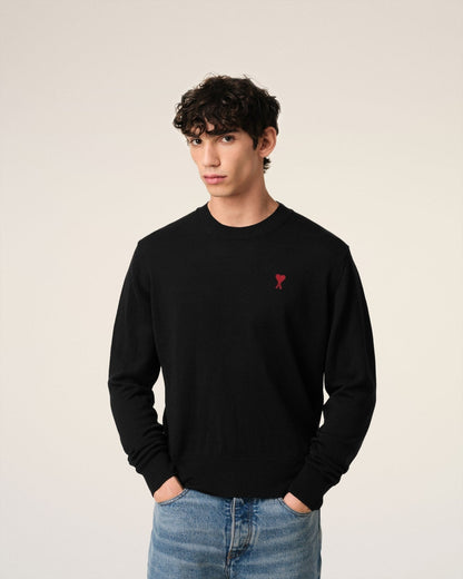 BLACK WOOL AMI CREW NECK SWEATER