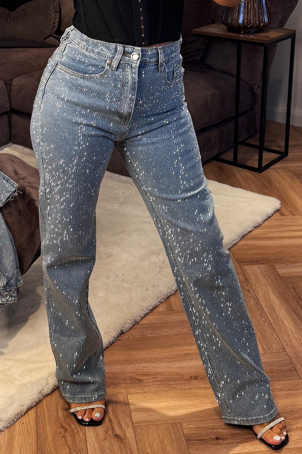 Diamante Rhinestone Jeans Relaxed Oversize Denim Blue